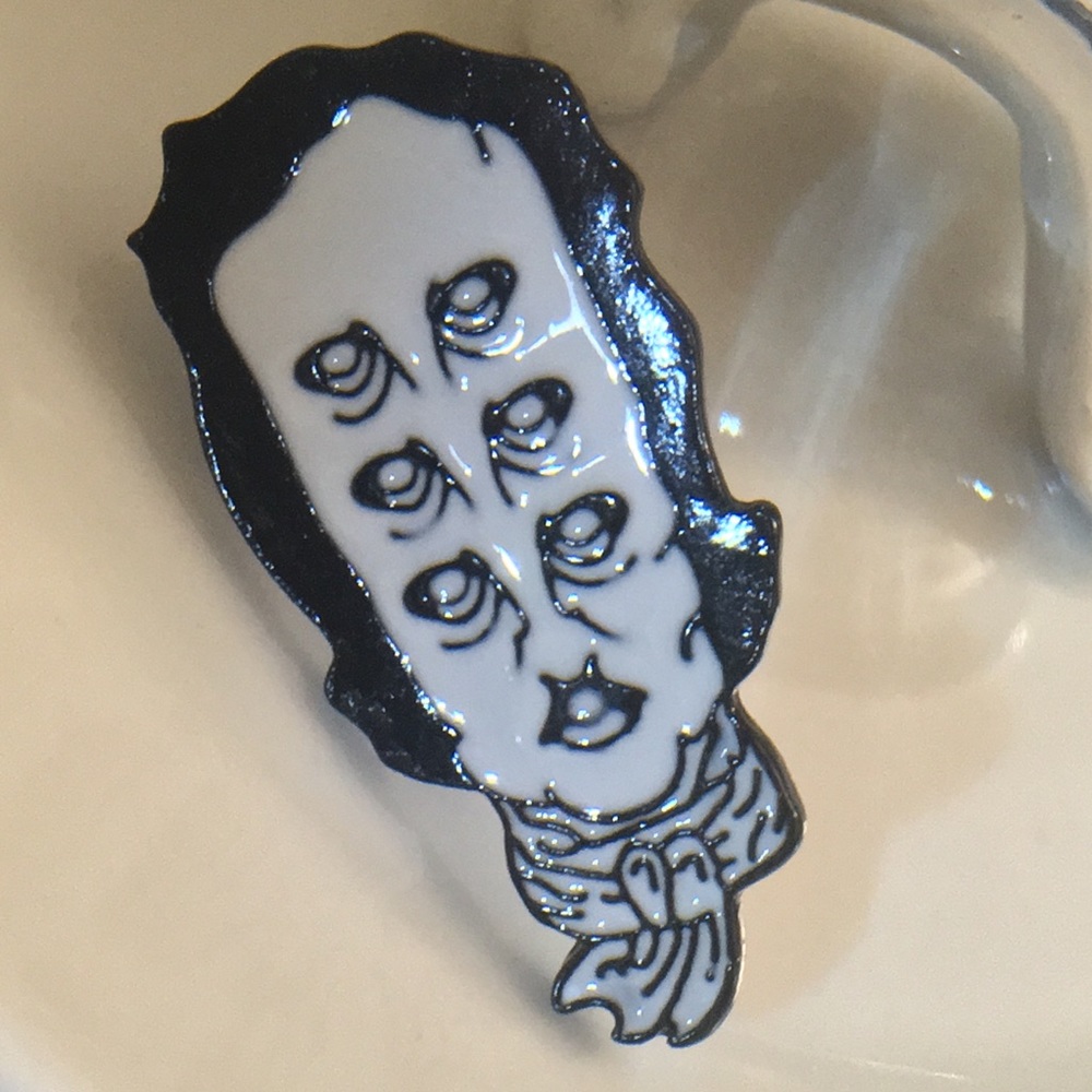 Surreal Edgar Allan Poe black & white enamel pin